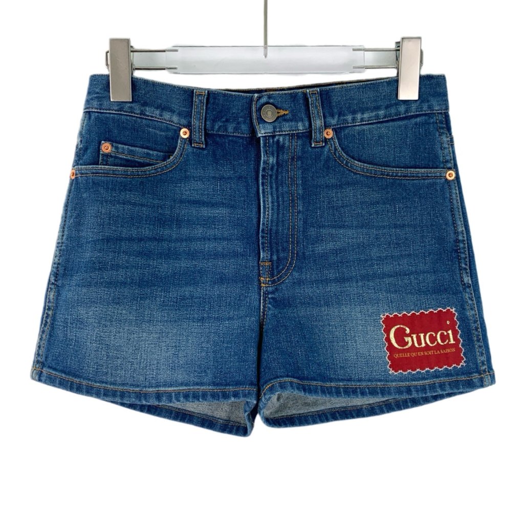 Gucci Dark Blue Logo-Embroidered Cotton Casual Denim Shorts